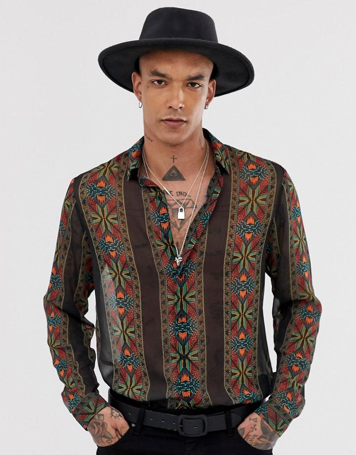Asos Design Festival Regular Fit Geo-tribal Print Shirt In Sheer-black