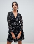 Asos Design Wrap Front Pleated Mini Dress In Mono Spot-multi
