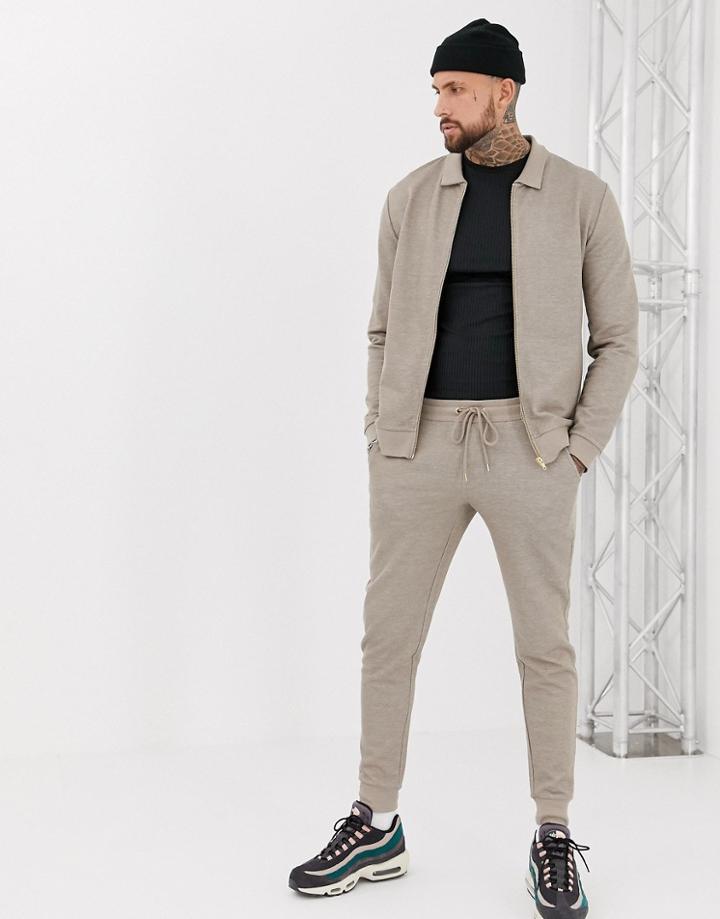 Asos Design Tracksuit Jersey Harrington Jacket/skinny Joggers In Beige Fabric Interest - Beige