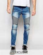 Liquor & Poker Skinny Zip Biker Jeans In Stonewash Blue - Blue