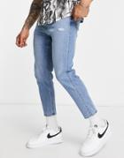 Hollister Tapered Crop Fit Knee Distressed Jeans In Mid Wash-blue
