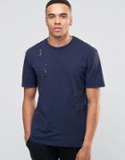 Jack & Jones Crew Neck T-shirt In Washed Cotton With Distressed Detail - Navy Blazer