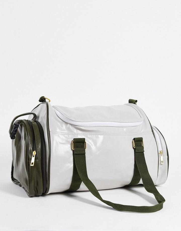 Asos Design Retro Sports Holdall Bag In Stone And Khaki Faux Leather-multi