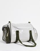 Asos Design Retro Sports Holdall Bag In Stone And Khaki Faux Leather-multi