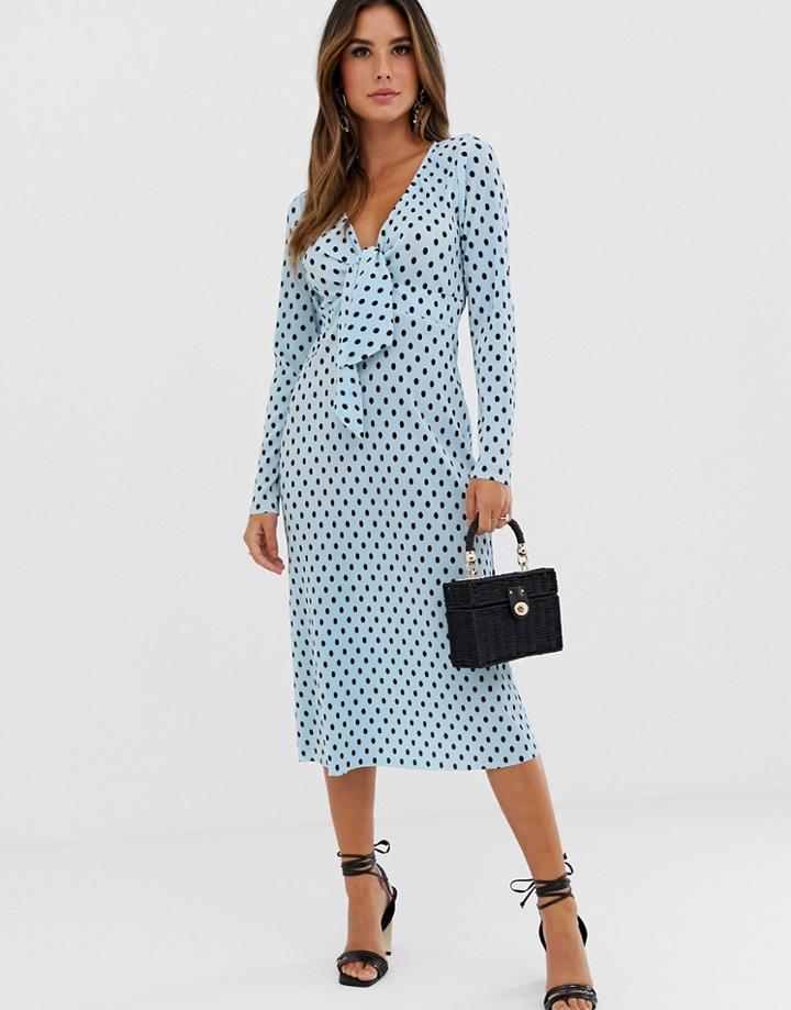 Asos Design Plisse Midi Dress With Bunny Ties In Polka Dot-multi