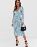 Asos Design Plisse Midi Dress With Bunny Ties In Polka Dot-multi
