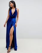 Asos Design Pleated Velvet Cowl Neck Maxi Dress - Blue