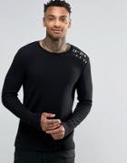 Asos Waffle Extreme Muscle Long Sleeve T-shirt With Text Print - Black
