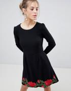 Traffic People Long Sleeve Skater Dress With Rose Embroidery - Black