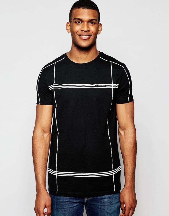 Asos Longline T-shirt With Blown Up Grid Print And Stockholm Text - Black
