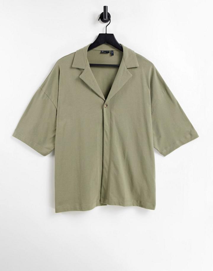 Asos Design Oversized Revere Polo With Half Sleeves In Heavyweight Fabric In Khaki-green