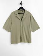 Asos Design Oversized Revere Polo With Half Sleeves In Heavyweight Fabric In Khaki-green