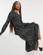 Qed London Tiered Midi Dress In Polka Dot-black