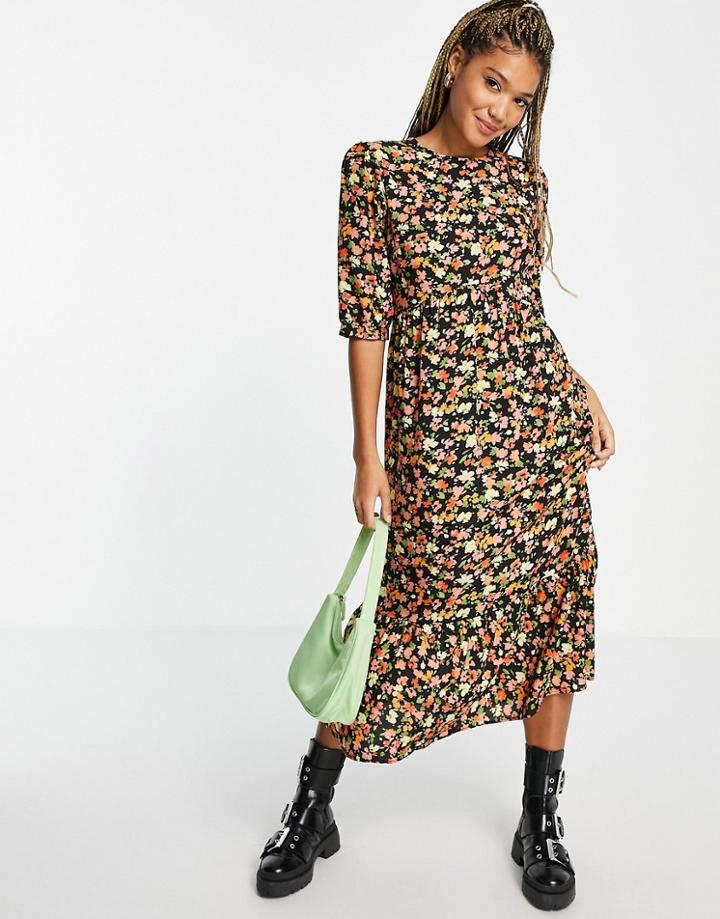 Nobody's Child Tiered Midi Smock Dress In Black Floral
