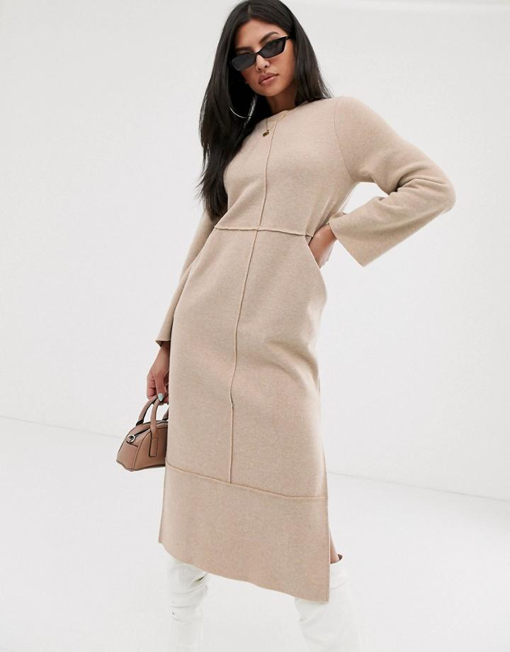 Asos Design Super Soft Exposed Seam Patch Pocket Midi Dress - Beige