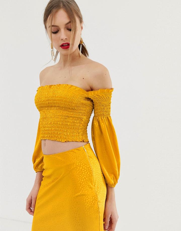 John Zack Off Shoulder Shirred Crop Top In Textured Mustard - Yellow