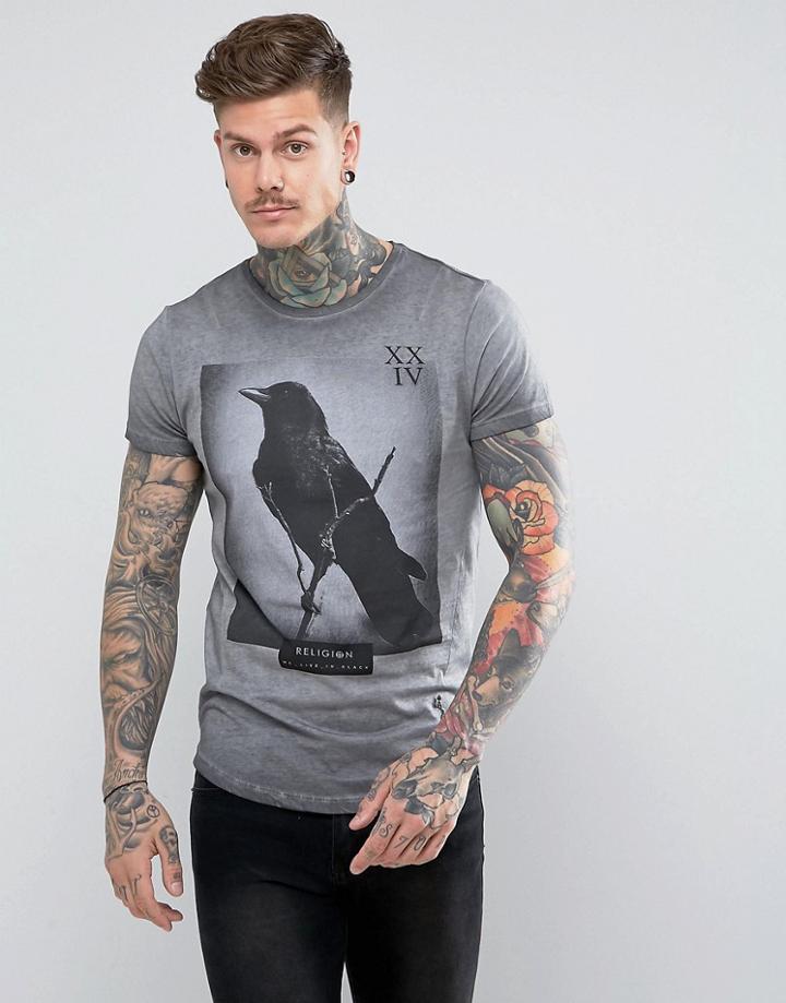 Religion T-shirt With Raven Print In Washed Gray - Gray