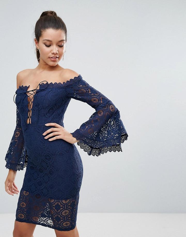 Love Triangle Allover Lace Off Shoulder Pencil Dress With Lace Up Detail - Navy