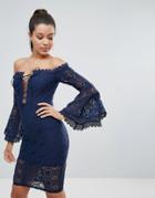 Love Triangle Allover Lace Off Shoulder Pencil Dress With Lace Up Detail - Navy