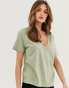 Asos Design T-shirt In Slubby Jersey With V-neck In Khaki - Green