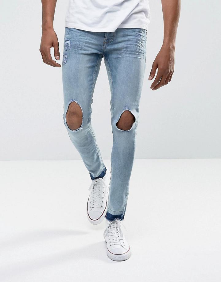 Brave Soul Skinny Faded Rip Frayed Jeans - Blue