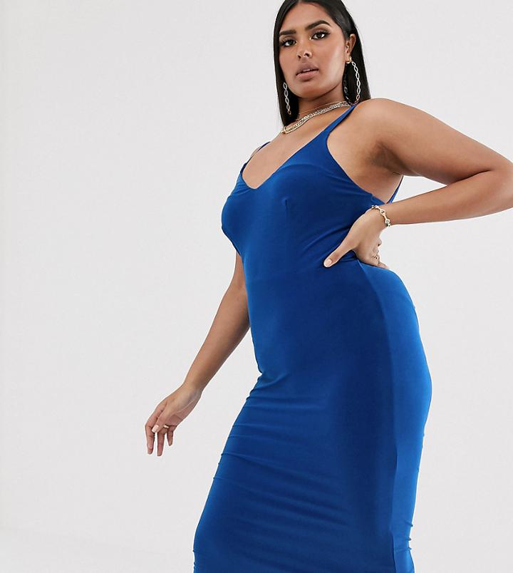 Club L London Plus Soft Touch Midi Dress With Ruched Open Back Detail In Cobalt Blue - Blue