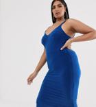 Club L London Plus Soft Touch Midi Dress With Ruched Open Back Detail In Cobalt Blue - Blue