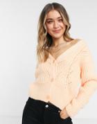 Topshop Knitted Pointelle Cardigan In Peach-orange