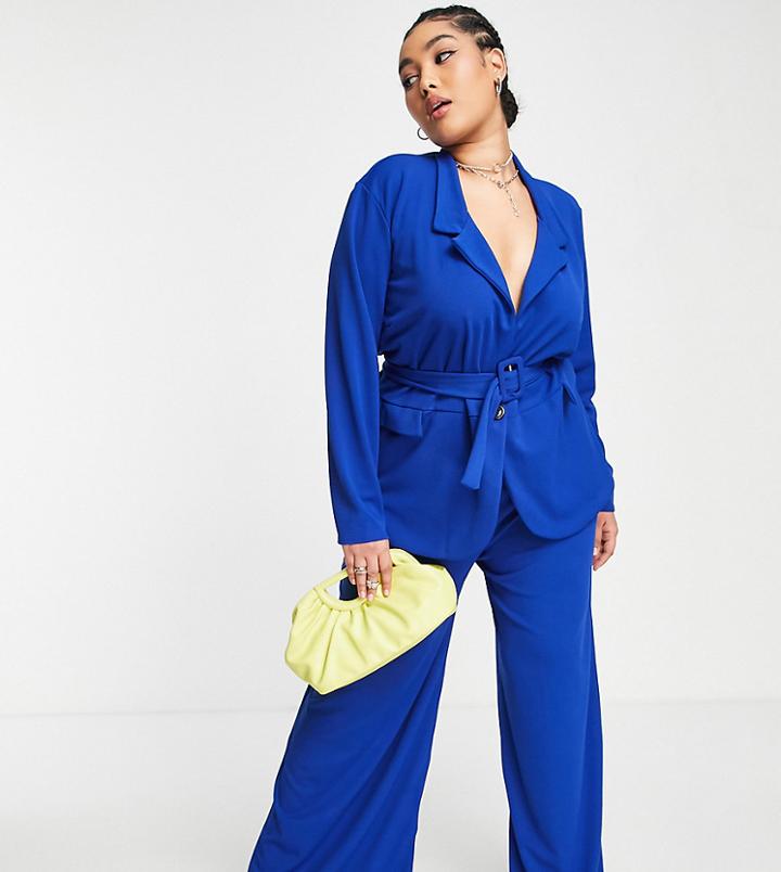 I Saw It First Plus Wide Leg Belted Pants In Blue - Part Of A Set