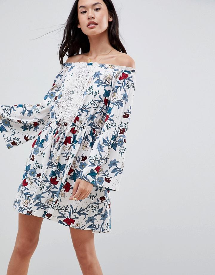 Boohoo Floral Bardot Lace Insert Dress - Multi