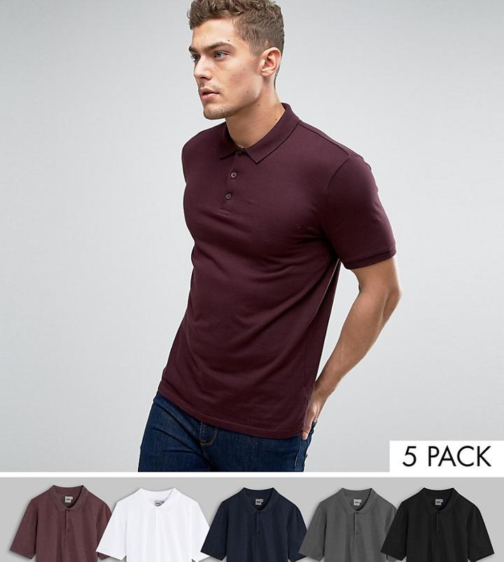 Asos 5 Pack Polo Shirt In White/black/charcoal Marl/oxblood/navy Save - Multi