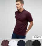 Asos 5 Pack Polo Shirt In White/black/charcoal Marl/oxblood/navy Save - Multi