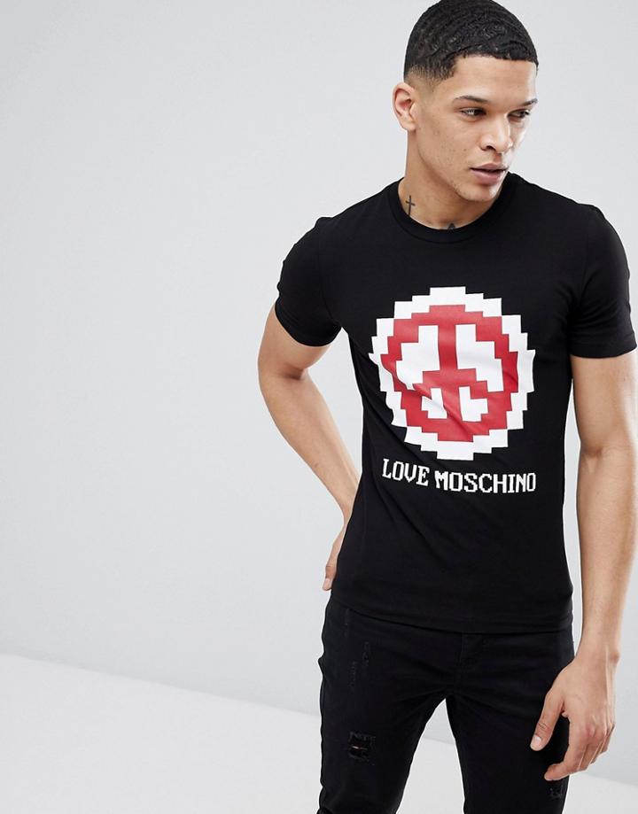 Love Moschino T-shirt In Black With Pixel Peace Logo - Black