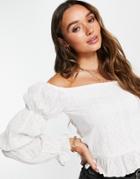 River Island Bardot Ruched Sleeve Lace Blouse In White