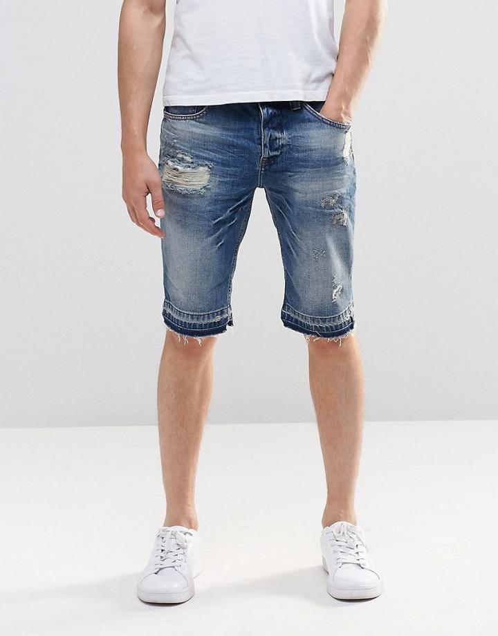 New Look Slim Denim Shorts With Abrasions And Frayed Hem - Blue