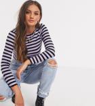 Asos Design Petite Long Sleeve Top In Rib With Lilac And Black Stripe-multi