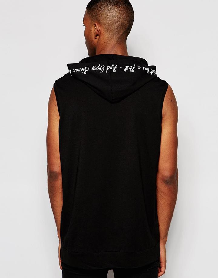 Asos Oversized Longline Sleeveless T-shirt With Printed Hood - Black