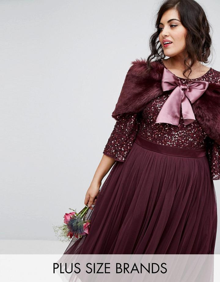 Maya Plus Faux Fur Cape With Tie Detail - Red