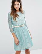 Little Mistress Long Sleeve Belted Lace Dress - Green