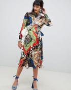 Asos Design Midi Dress With Pleated Skirt In Scarf Print - Multi
