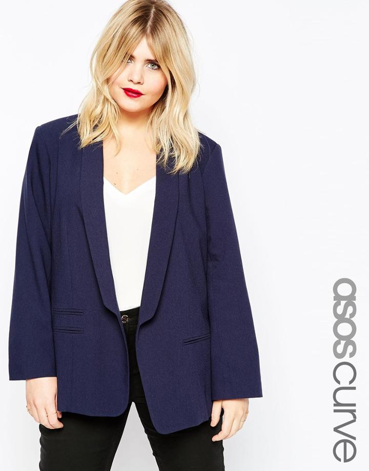 Asos Curve Blazer In Crepe With Slim Lapel - Navy