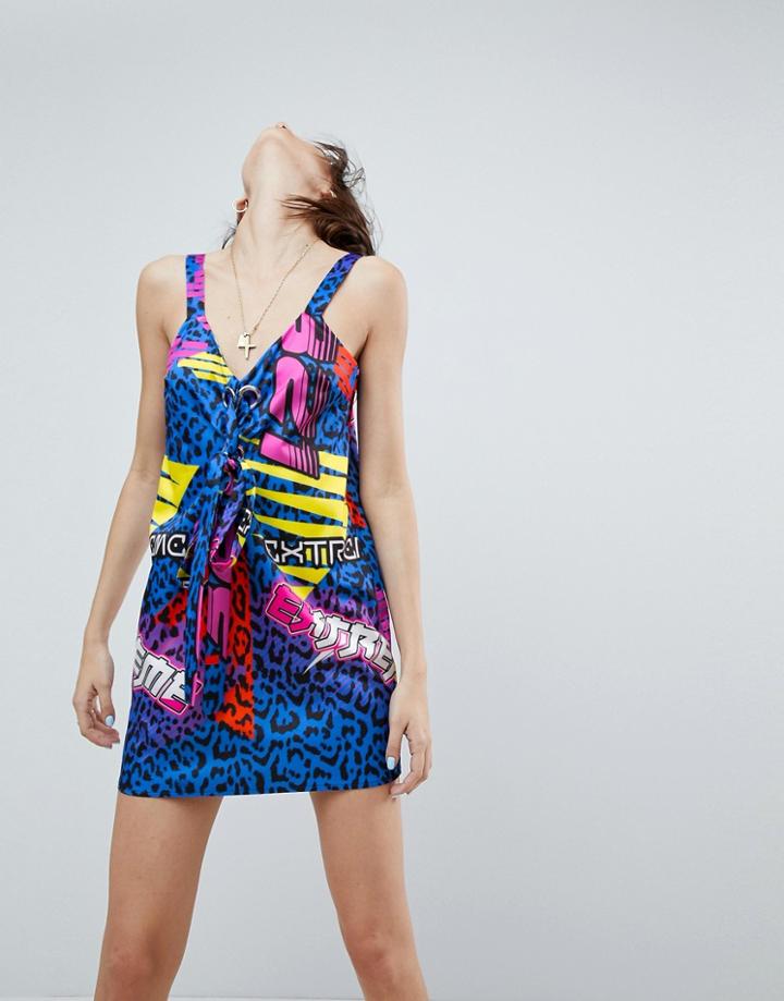 Asos Graphic Print Eyelet Mini Dress - Blue