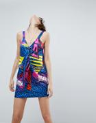 Asos Graphic Print Eyelet Mini Dress - Blue