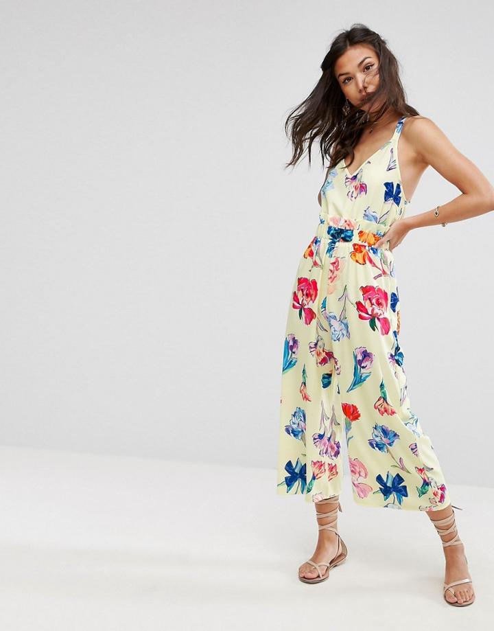 Asos Jumpsuit With Frill And Wide Leg In Floral Print - Yellow