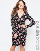 Club L Plus Midi Dress With Plunge Neck In Floral Print - Black