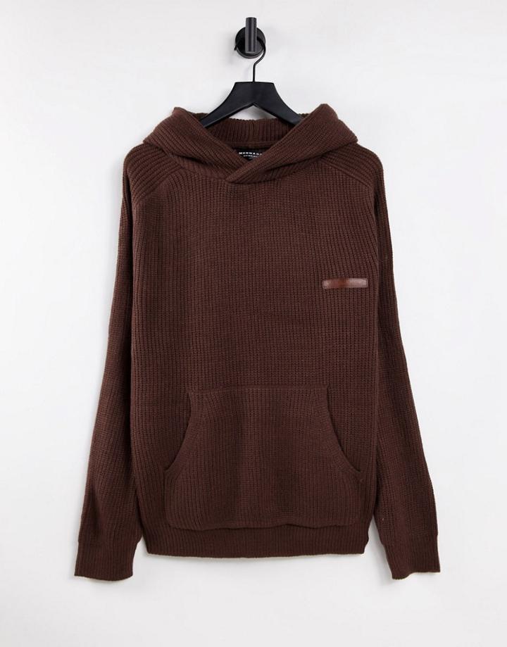 Mennace Knitted Rib Hoodie In Dark Brown - Part Of A Set