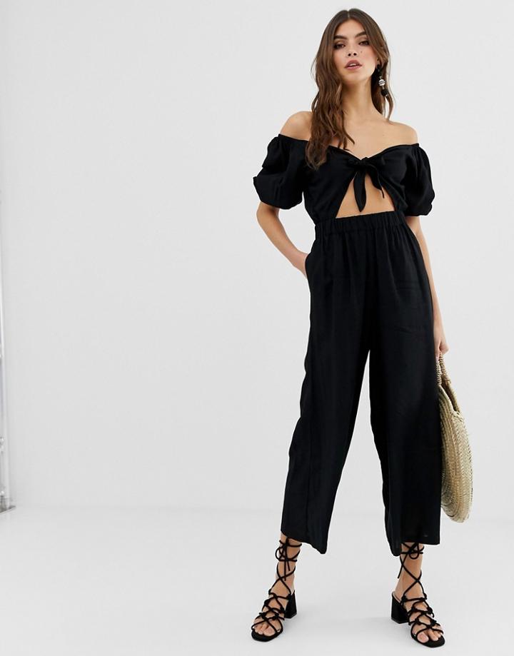 Asos Design Tea Jumpsuit With Puff Sleeve And Tie Detail-multi