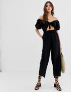 Asos Design Tea Jumpsuit With Puff Sleeve And Tie Detail-multi