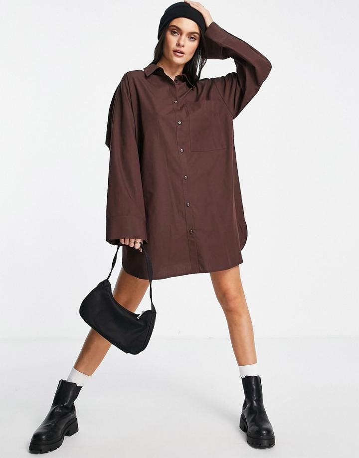 Asos Design Cotton Oversized Mini Shirt Dress In Chocolate-brown