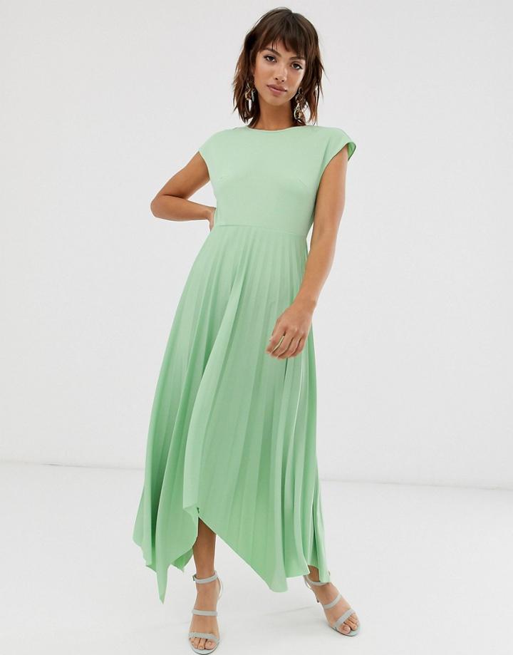 Asos Design V Back Midi Dress With Pleated Asymmetric Skirt-green